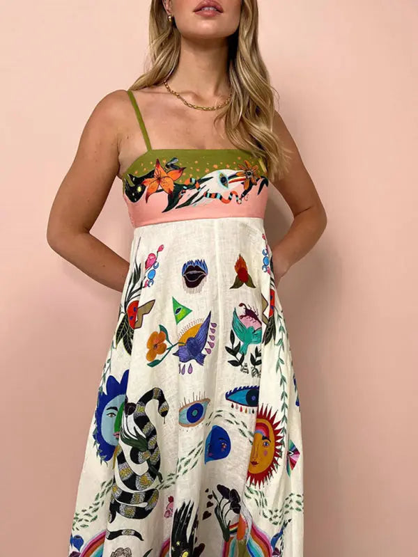 Women's New Sexy Cotton and Linen Suspender Graffiti Print Sleeveless Swing Dress Venus Trendy Fashion Online