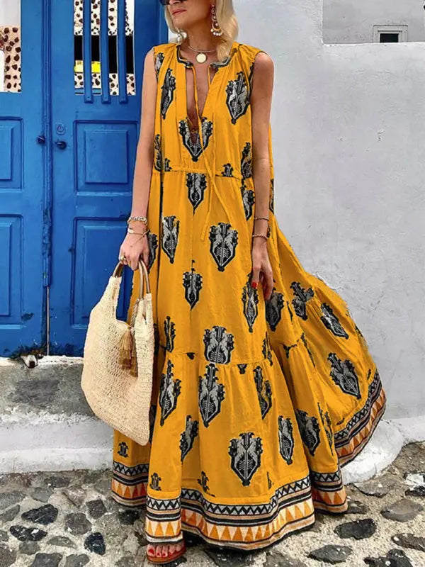 Women's Sleeveless Midi Bohemian Print Dress - Venus Trendy Fashion Online