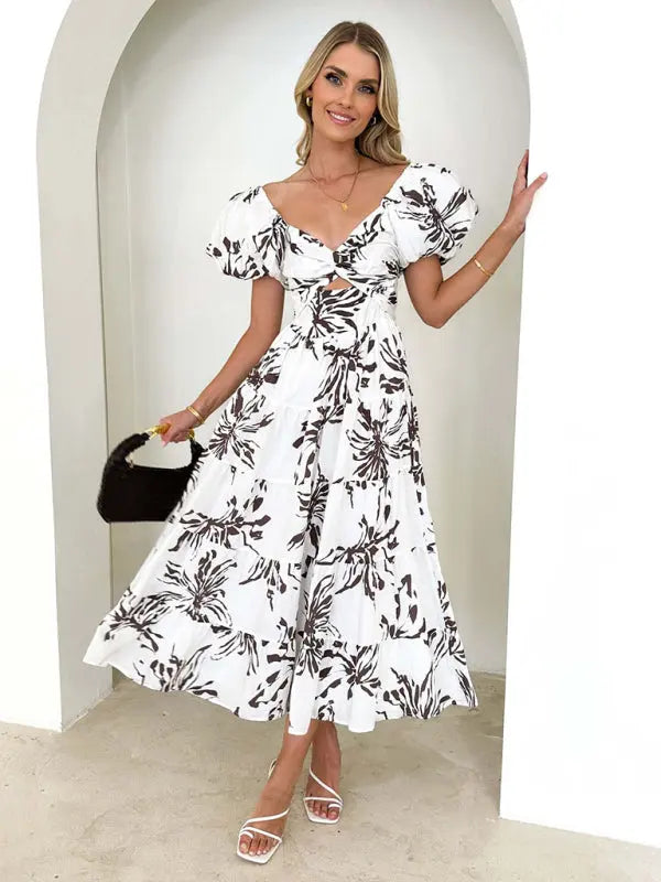 Women's Slim Fit Printed Puff Sleeve Swing Dress - Venus Trendy Fashion Online