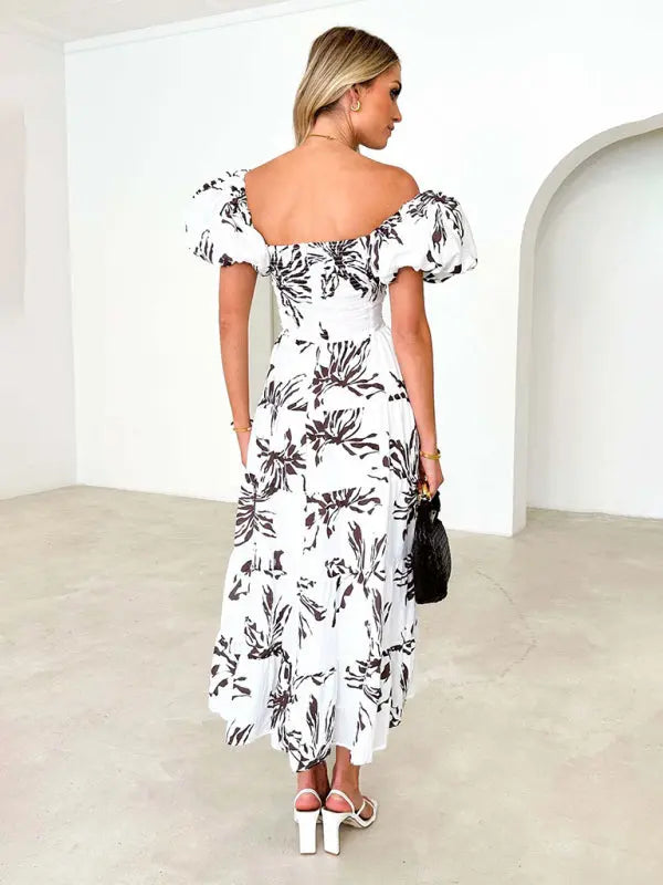 Women's Slim Fit Printed Puff Sleeve Swing Dress - Venus Trendy Fashion Online