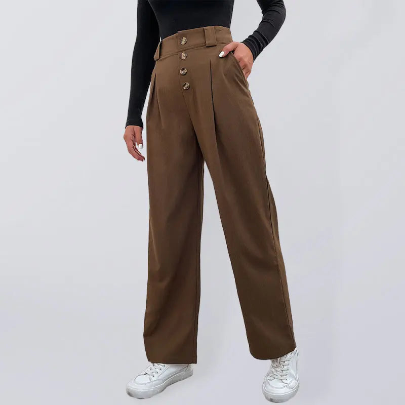 Women's Solid Color High Waist Button Fly Wide Leg Trousers - Venus Trendy Fashion Online