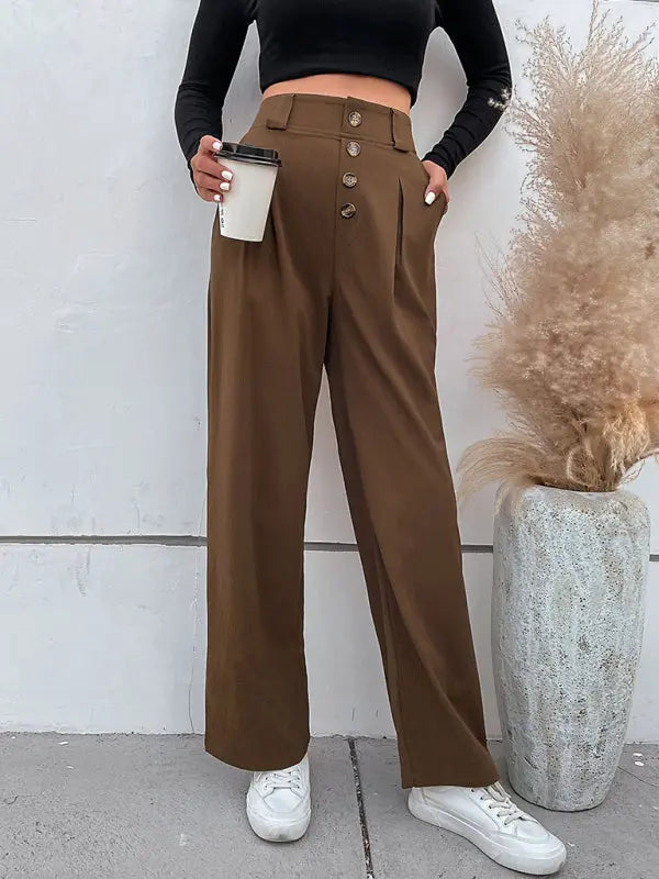 Women's Solid Color High Waist Button Fly Wide Leg Trousers - Venus Trendy Fashion Online