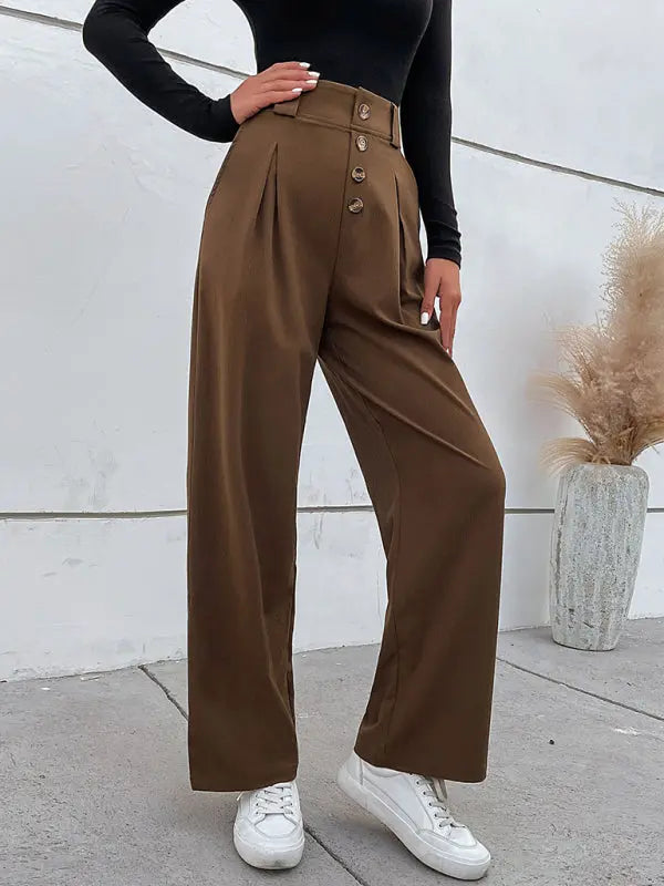 Women's Solid Color High Waist Button Fly Wide Leg Trousers - Venus Trendy Fashion Online