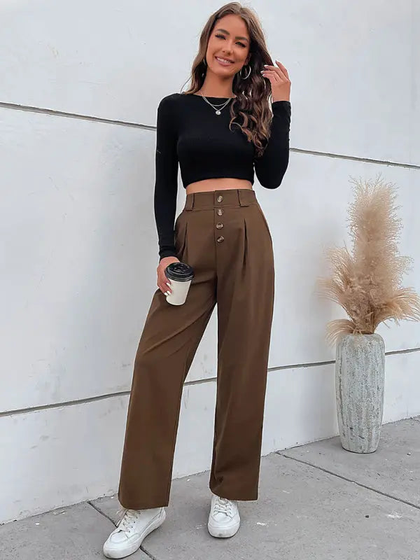 Women's Solid Color High Waist Button Fly Wide Leg Trousers - Venus Trendy Fashion Online