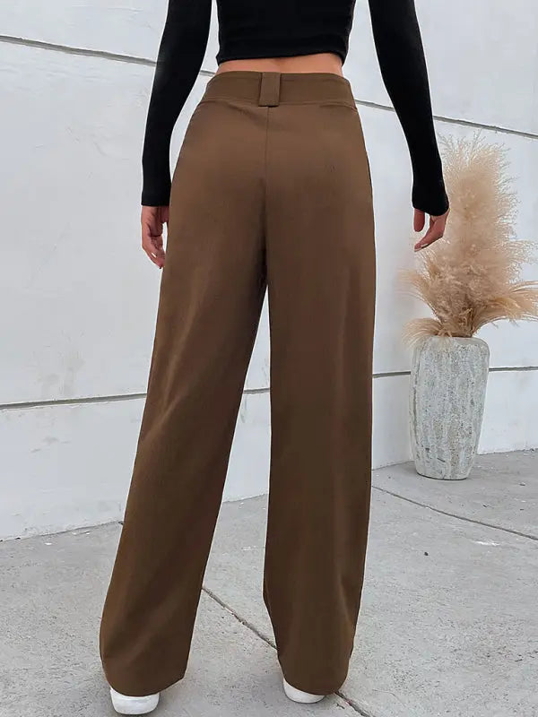 Women's Solid Color High Waist Button Fly Wide Leg Trousers - Venus Trendy Fashion Online