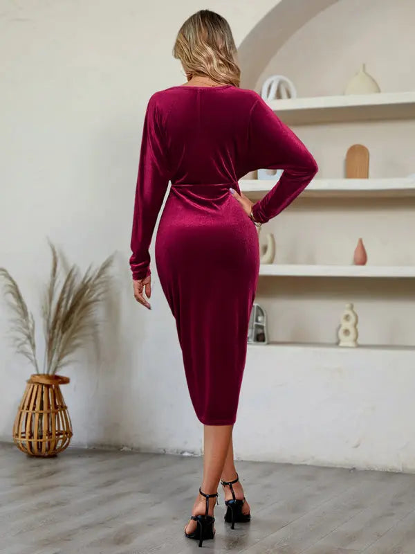 Women's V-neck solid color waisted velvet dress - Venus Trendy Fashion Online