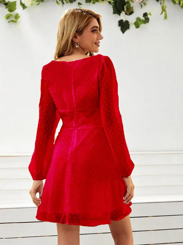 Women's Woven Chiffon Jacquard Elegant Long Sleeve Dress - Venus Trendy Fashion Online