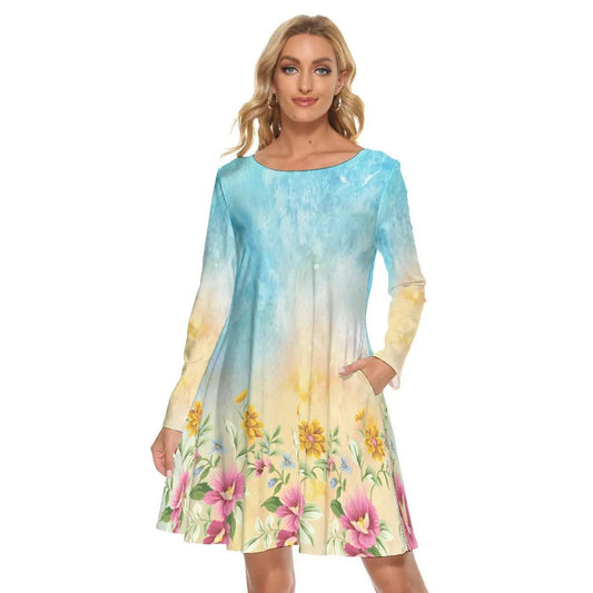 Women's beautiful flowers patterns design Crew Neck Dress - Venus Trendy Fashion Online