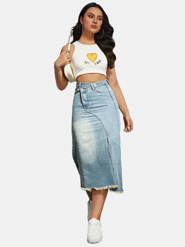 Women's button slit high waist denim skirt - Venus Trendy Fashion Online