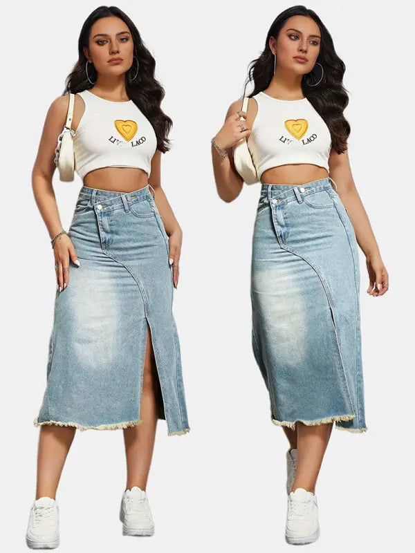 Women's button slit high waist denim skirt - Venus Trendy Fashion Online