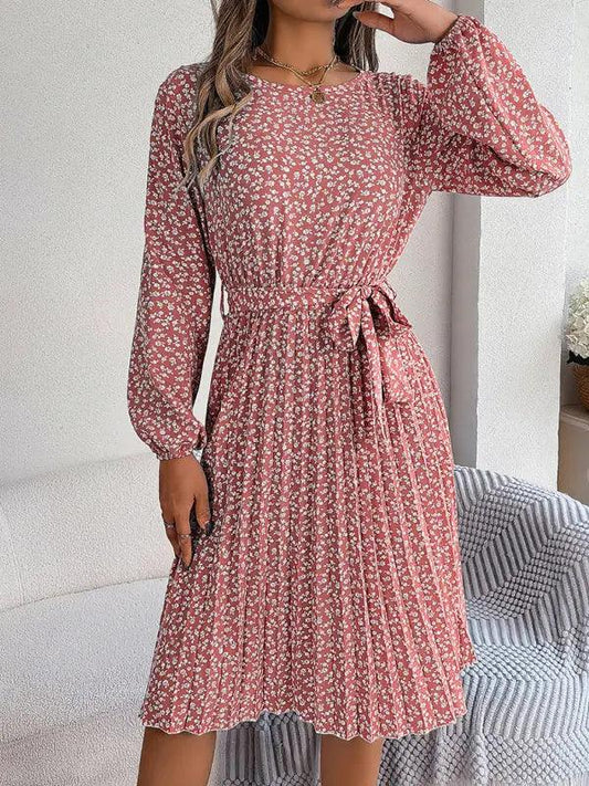 Women's casual long-sleeved floral large hem pleated dress - Venus Trendy Fashion Online