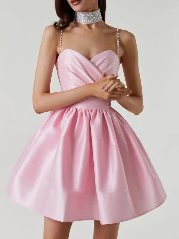 Women's dress pleated suspender dress sexy temperament rhinestone dress - Venus Trendy Fashion Online