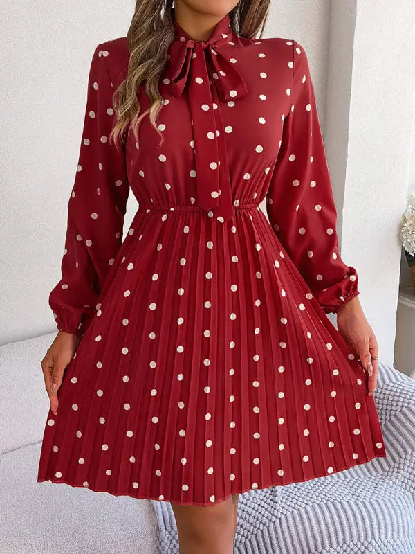 Women's elegant polka-dot lace-up waist long-sleeved pleated skirt - Venus Trendy Fashion Online