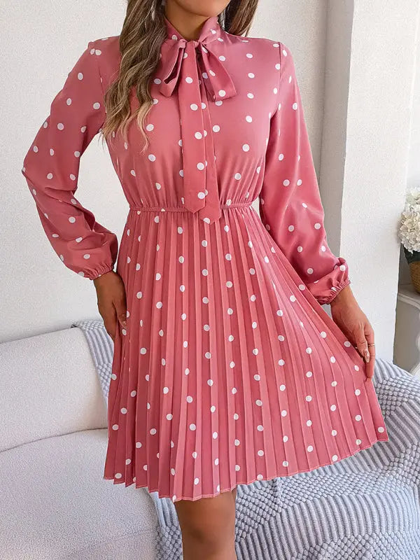 Women's elegant polka-dot lace-up waist long-sleeved pleated skirt - Venus Trendy Fashion Online