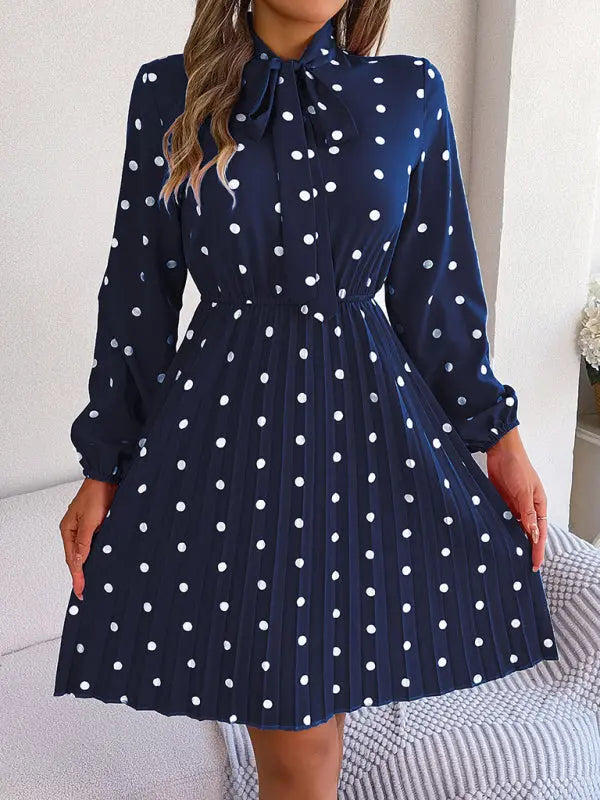 Women's elegant polka-dot lace-up waist long-sleeved pleated skirt - Venus Trendy Fashion Online