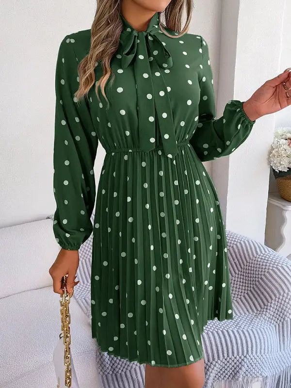 Women's elegant polka-dot lace-up waist long-sleeved pleated skirt - Venus Trendy Fashion Online