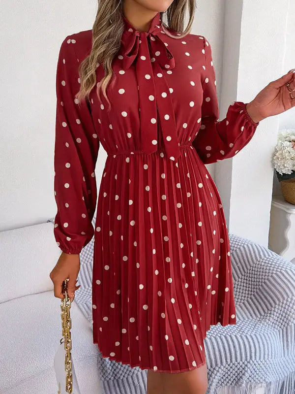 Women's elegant polka-dot lace-up waist long-sleeved pleated skirt - Venus Trendy Fashion Online