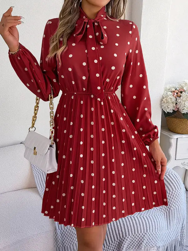 Women's elegant polka-dot lace-up waist long-sleeved pleated skirt - Venus Trendy Fashion Online