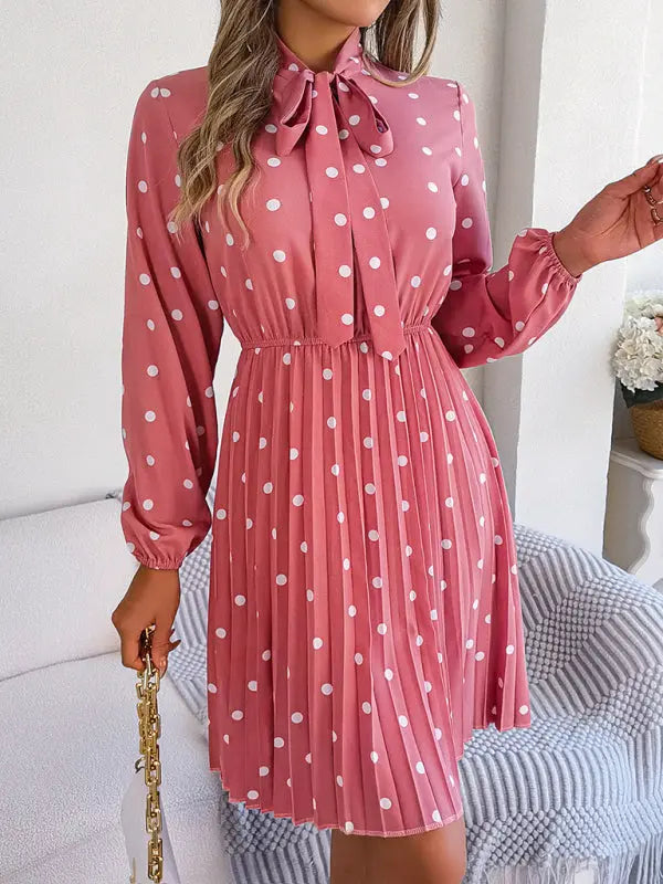 Women's elegant polka-dot lace-up waist long-sleeved pleated skirt - Venus Trendy Fashion Online