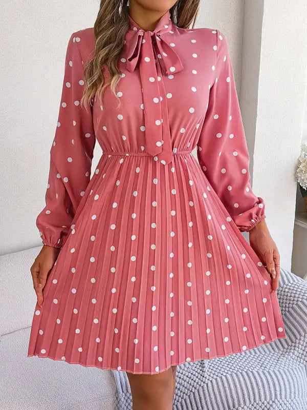 Women's elegant polka-dot lace-up waist long-sleeved pleated skirt - Venus Trendy Fashion Online