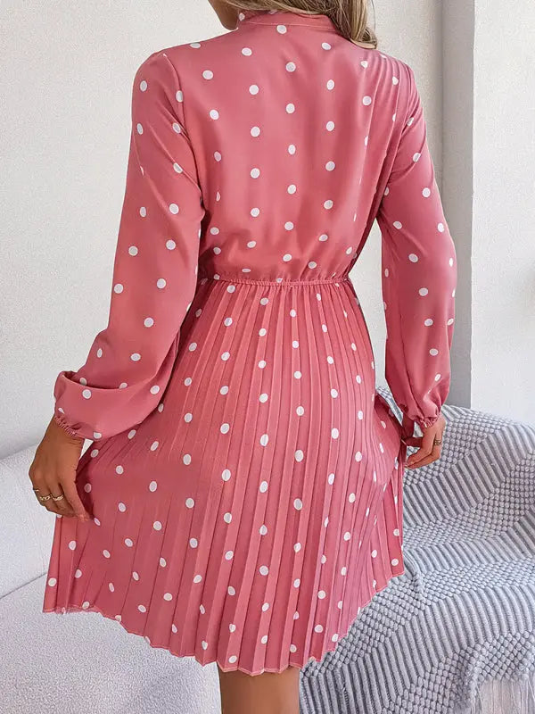 Women's elegant polka-dot lace-up waist long-sleeved pleated skirt - Venus Trendy Fashion Online