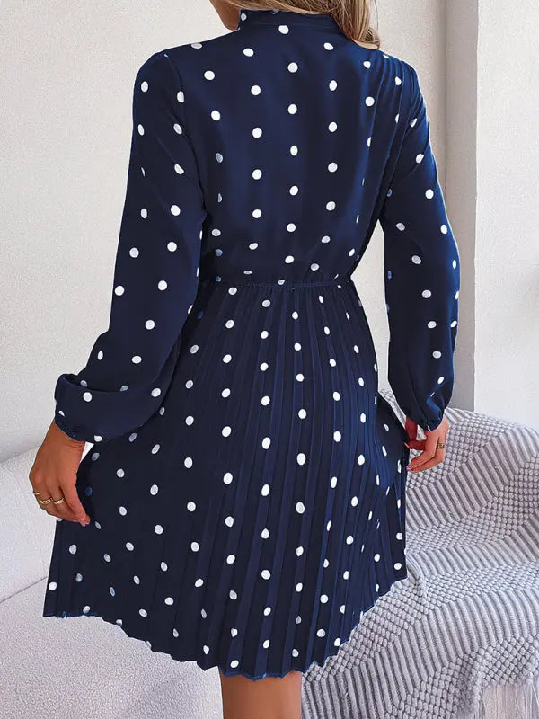 Women's elegant polka-dot lace-up waist long-sleeved pleated skirt - Venus Trendy Fashion Online