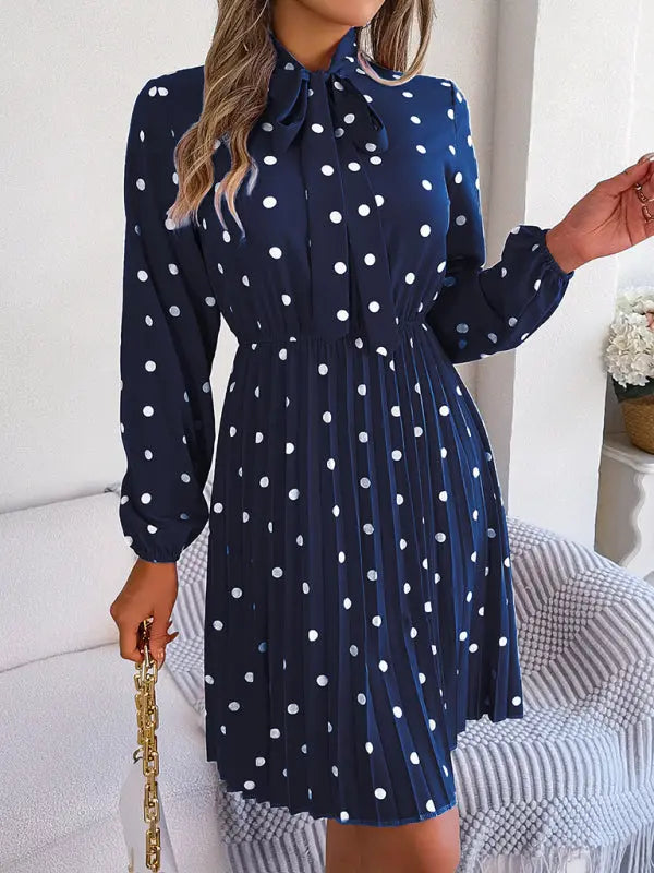 Women's elegant polka-dot lace-up waist long-sleeved pleated skirt - Venus Trendy Fashion Online