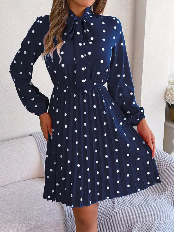 Women's elegant polka-dot lace-up waist long-sleeved pleated skirt - Venus Trendy Fashion Online