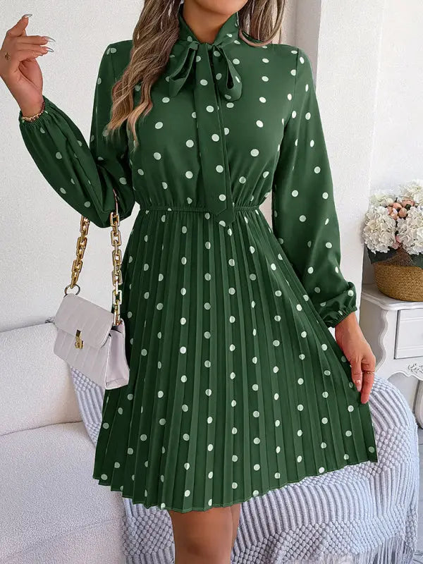 Women's elegant polka-dot lace-up waist long-sleeved pleated skirt - Venus Trendy Fashion Online