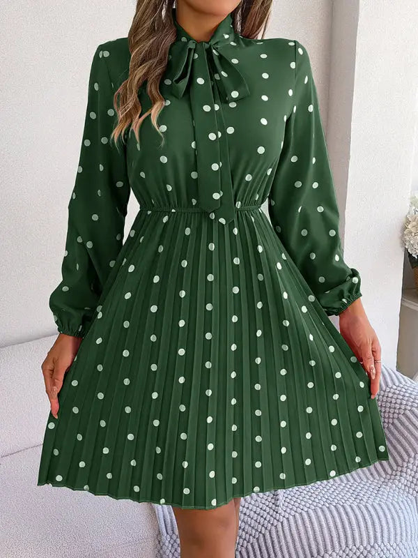 Women's elegant polka-dot lace-up waist long-sleeved pleated skirt - Venus Trendy Fashion Online