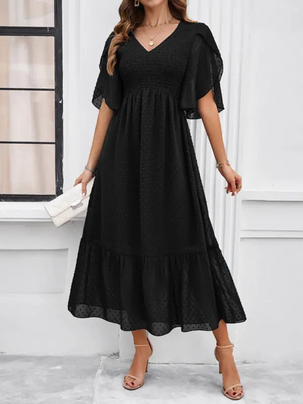 Women's elegant solid color V-neck dress - Venus Trendy Fashion Online