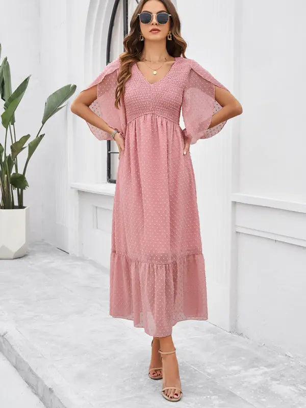 Women's elegant solid color V-neck dress - Venus Trendy Fashion Online