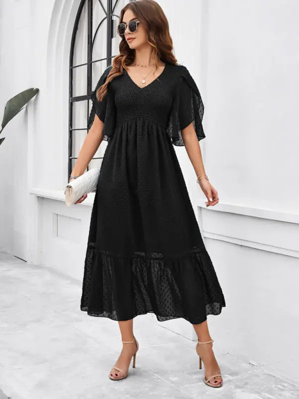 Women's elegant solid color V-neck dress - Venus Trendy Fashion Online