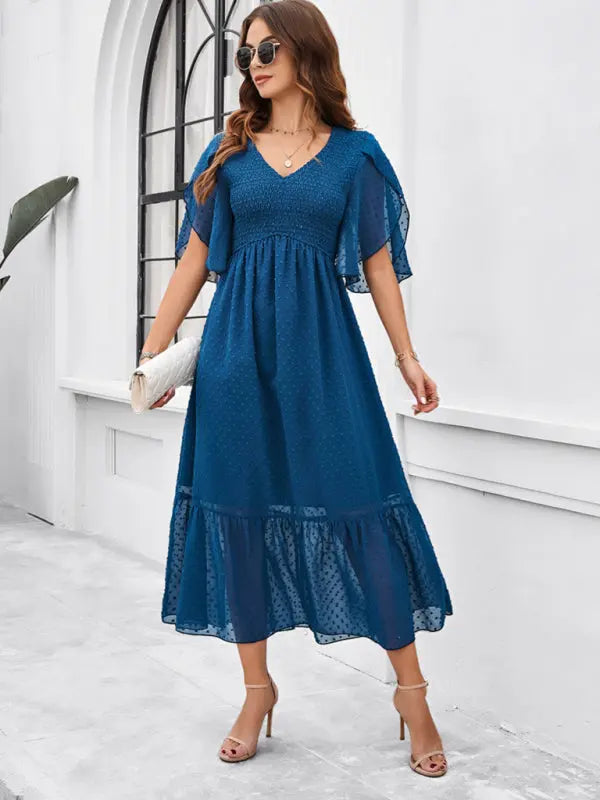 Women's elegant solid color V-neck dress - Venus Trendy Fashion Online