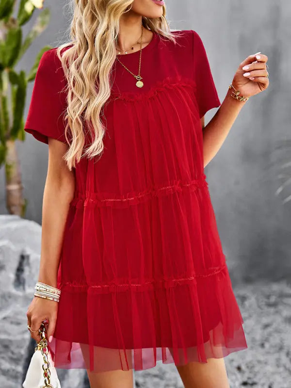 Women's new mesh splicing elegant round neck solid color dress Venus Trendy Fashion Online