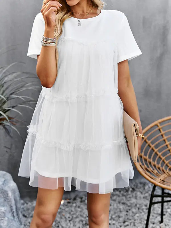 Women's new mesh splicing elegant round neck solid color dress Venus Trendy Fashion Online