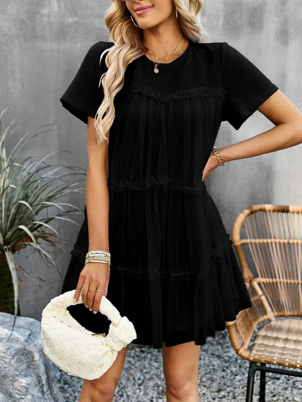 Women's new mesh splicing elegant round neck solid color dress Venus Trendy Fashion Online