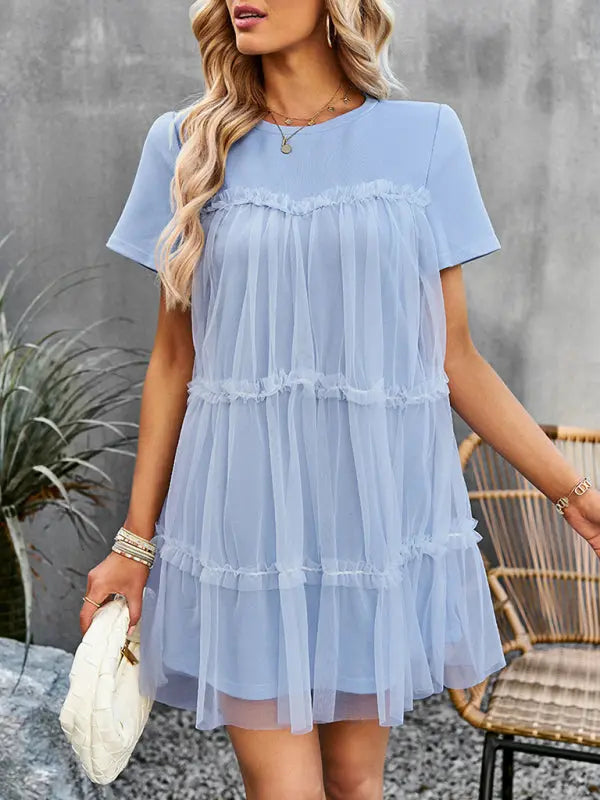 Women's new mesh splicing elegant round neck solid color dress Venus Trendy Fashion Online