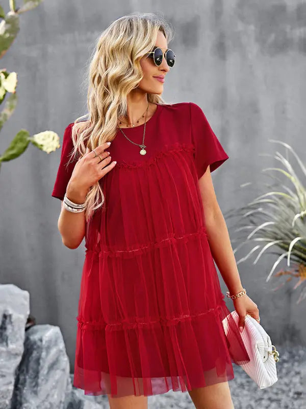 Women's new mesh splicing elegant round neck solid color dress Venus Trendy Fashion Online