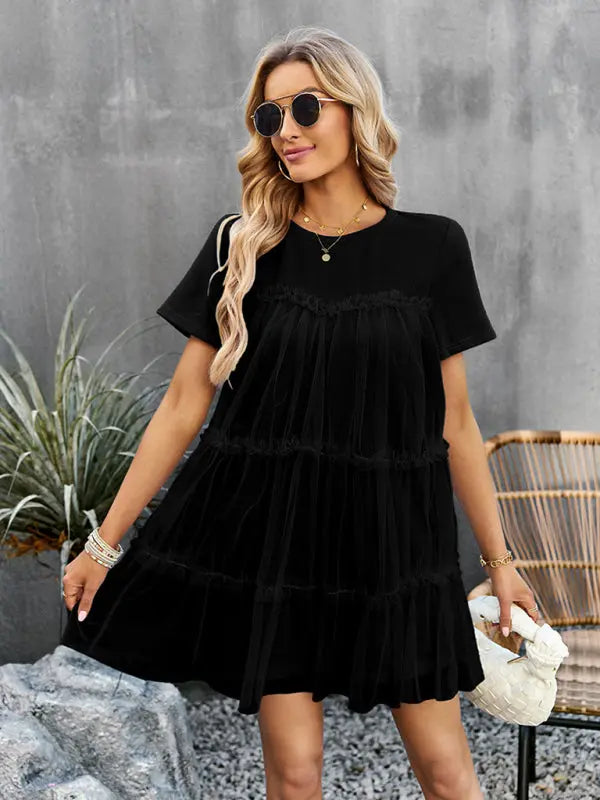 Women's new mesh splicing elegant round neck solid color dress Venus Trendy Fashion Online