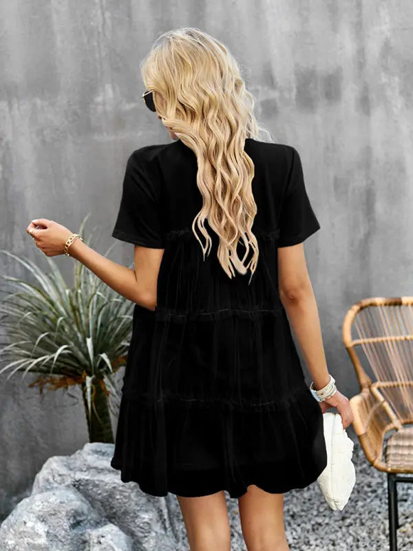 Women's new mesh splicing elegant round neck solid color dress Venus Trendy Fashion Online