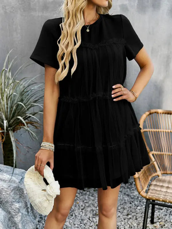 Women's new mesh splicing elegant round neck solid color dress Venus Trendy Fashion Online