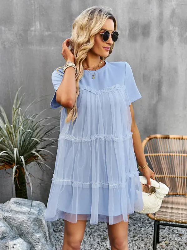 Women's new mesh splicing elegant round neck solid color dress Venus Trendy Fashion Online