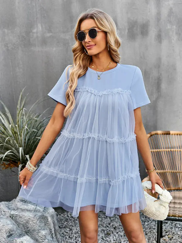 Women's new mesh splicing elegant round neck solid color dress Venus Trendy Fashion Online