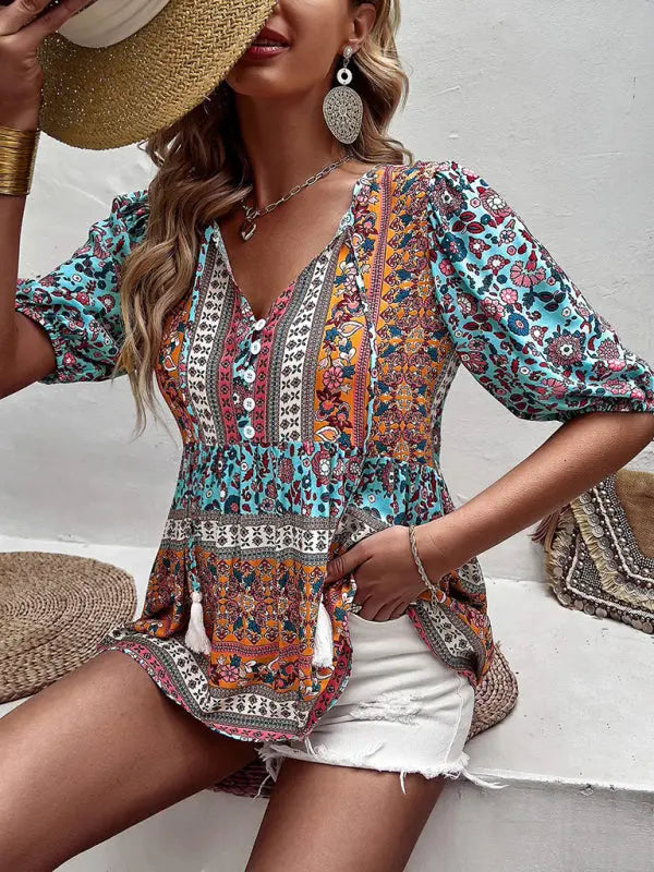 Women's new tassel V-neck printed casual resort style top - Venus Trendy Fashion Online