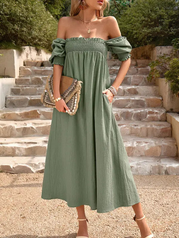 Women's pure color temperament elegant square collar two-wear long skirt with one word collar - Venus Trendy Fashion Online