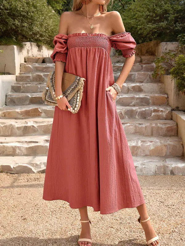Women's pure color temperament elegant square collar two-wear long skirt with one word collar - Venus Trendy Fashion Online