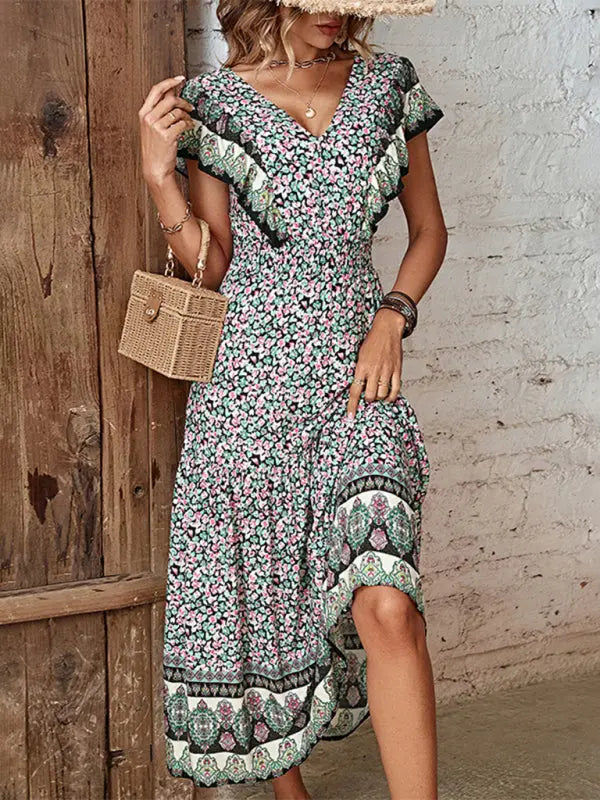 Women's ruffled v-neck temperament printed dress - Venus Trendy Fashion Online