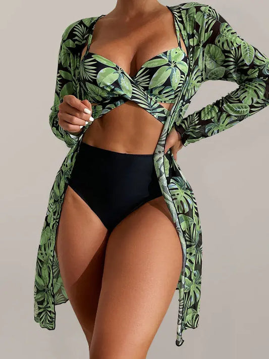 Women's tropical print bikini three-piece sets - Venus Trendy Fashion Online