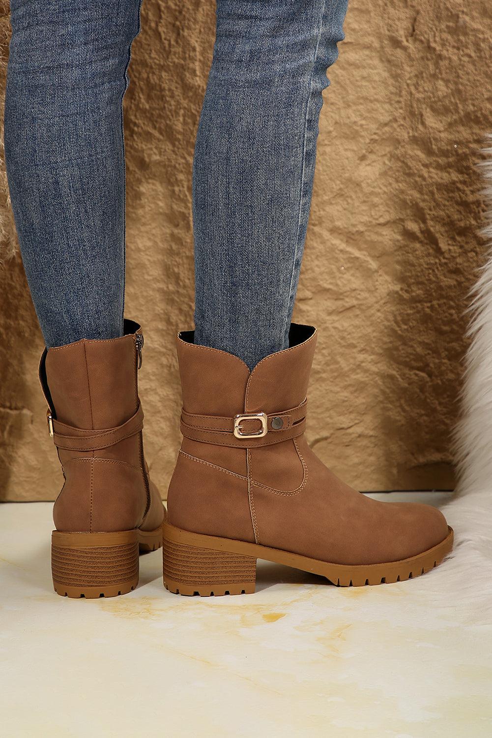 Chestnut Suede Buckle Decor Heeled Ankle Boots - Venus Trendy Fashion Online